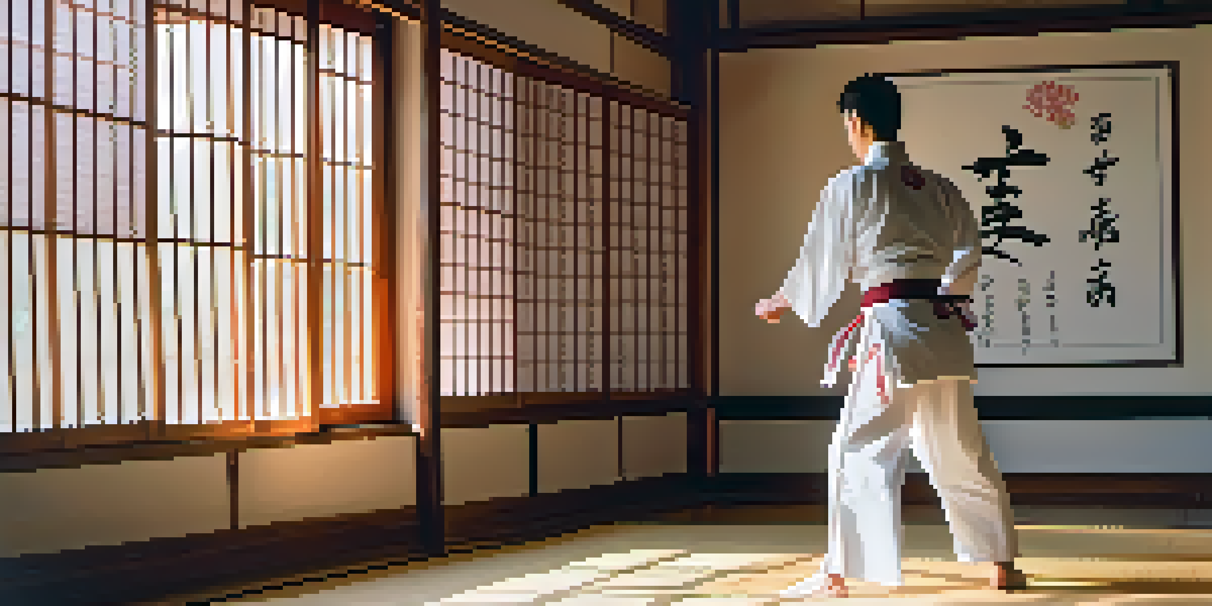 A martial artist performing a kata in a peaceful dojo with cherry blossoms outside.