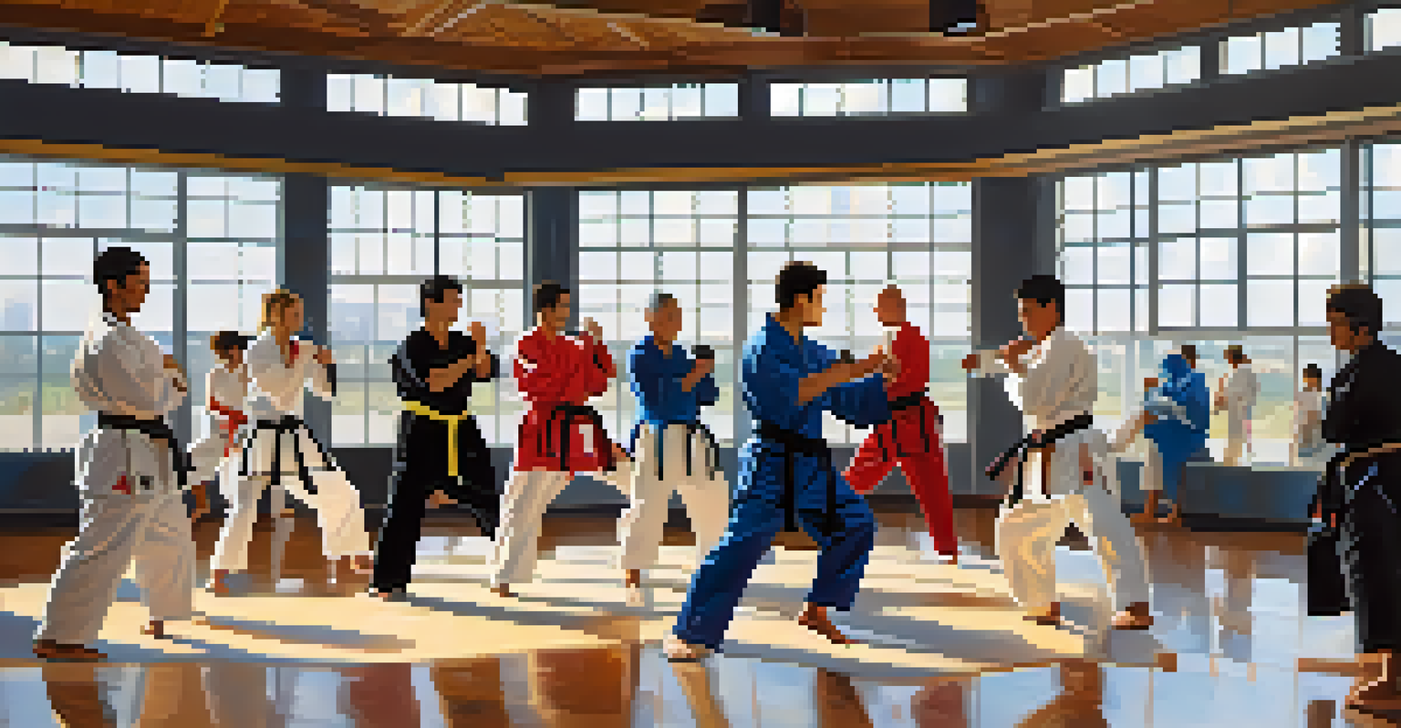 A diverse group of martial artists training together in a modern gym, showcasing different styles and techniques.