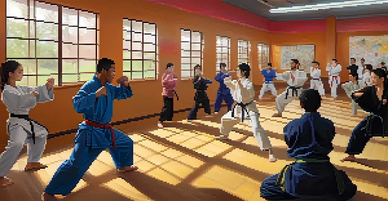 A diverse group of individuals practicing martial arts and mindfulness together in a bright dojo, showcasing a sense of community and focus.