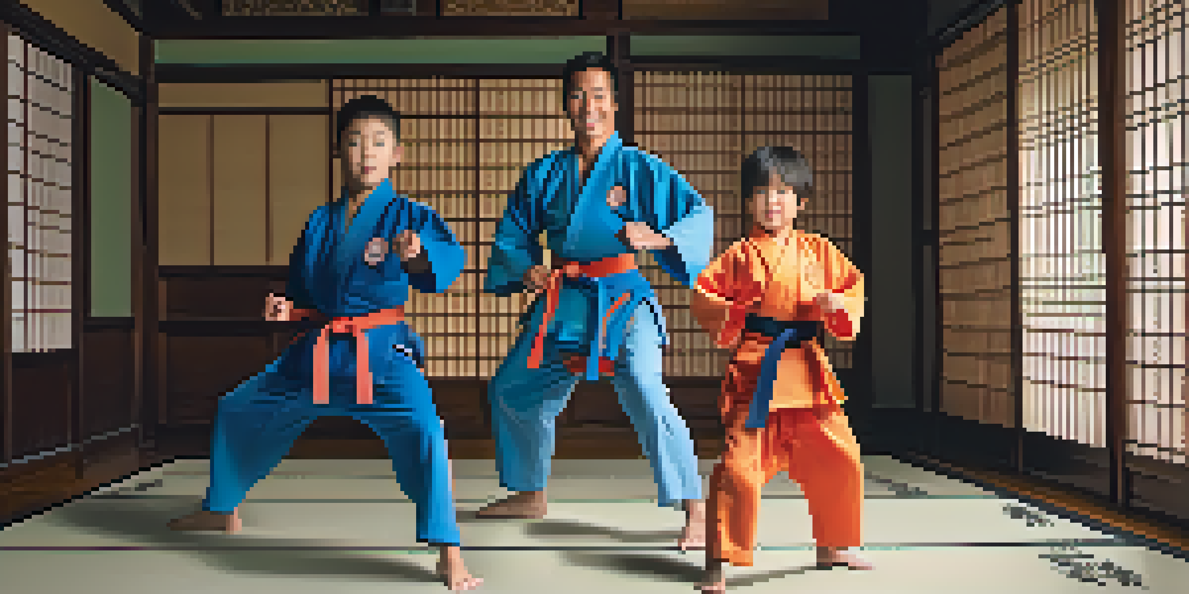 A family practicing martial arts together in a dojo, showcasing coordinated kicks and expressions of determination and joy.