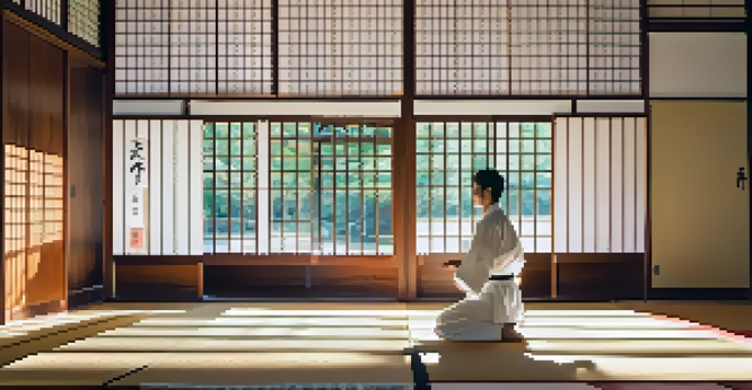 A martial artist practicing a kata in a serene dojo with wooden floors and shoji screens letting in sunlight.