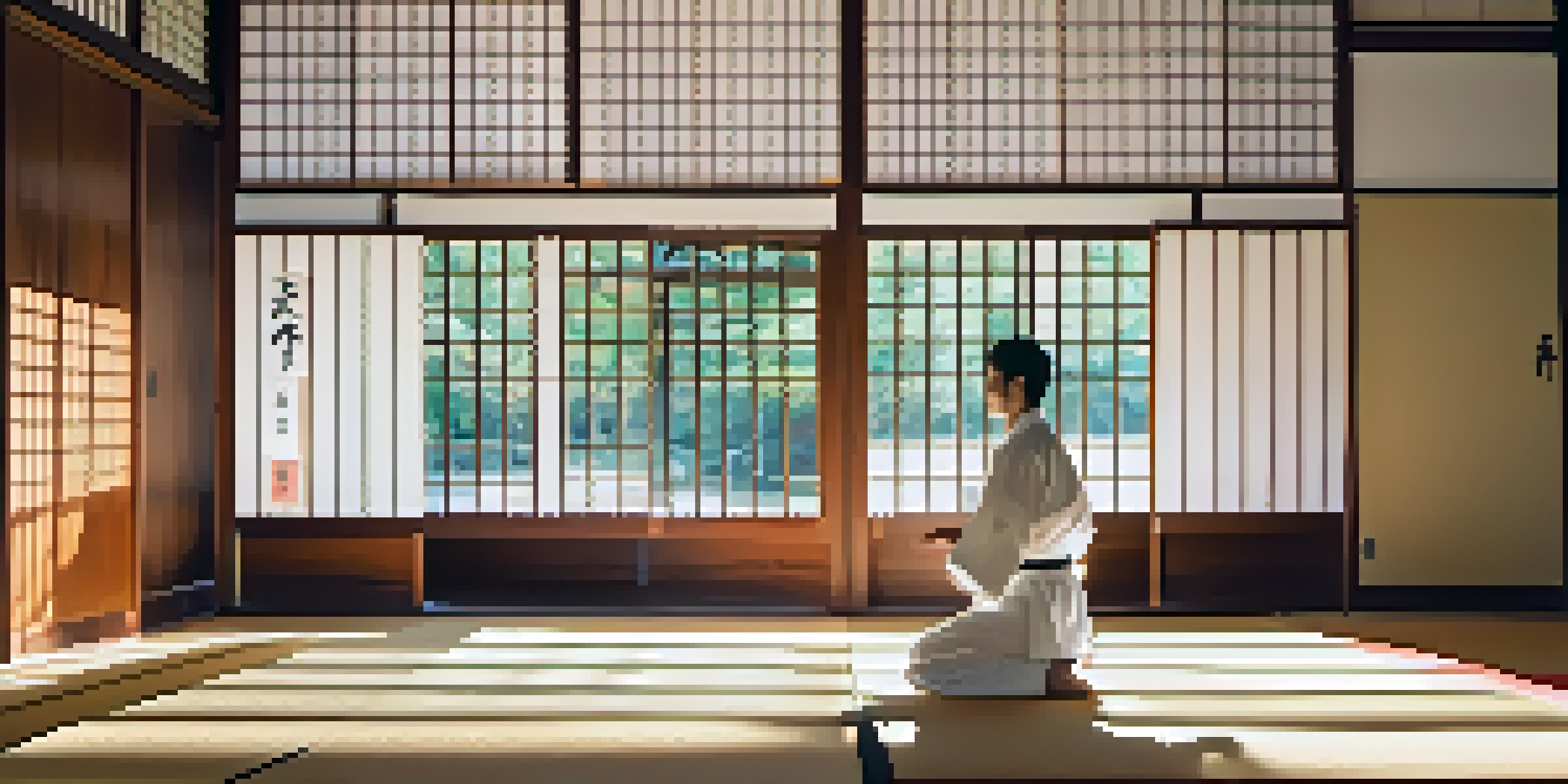 A martial artist practicing a kata in a serene dojo with wooden floors and shoji screens letting in sunlight.