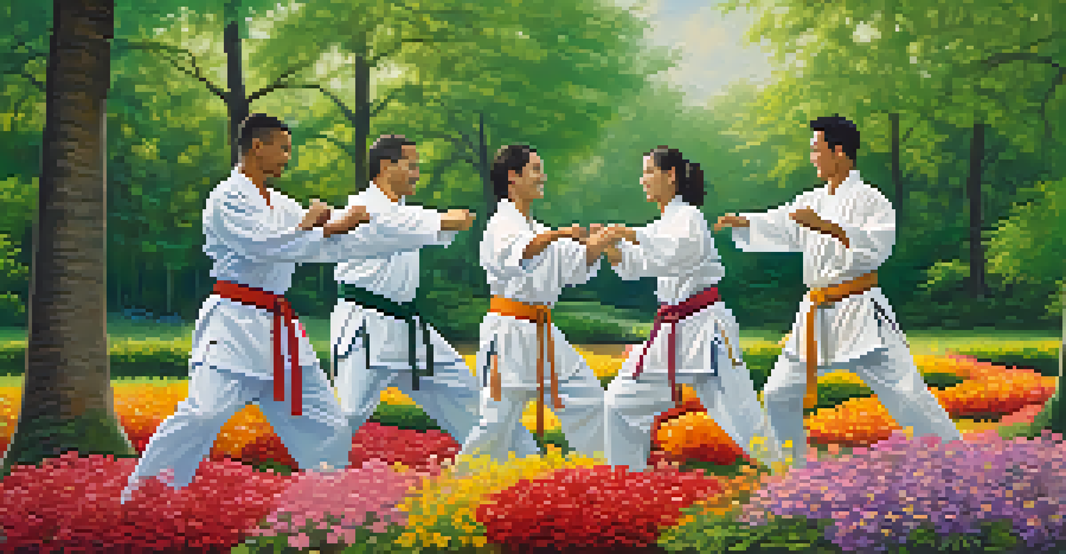 A group of martial artists practicing partner drills in a park, highlighting teamwork and communication.