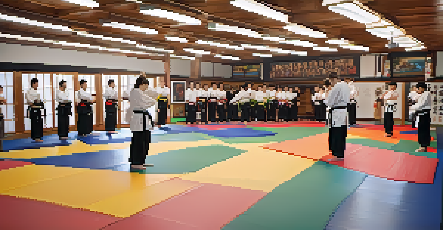 A diverse group of martial arts students bowing to each other in a dojo, filled with colorful mats and framed certificates.