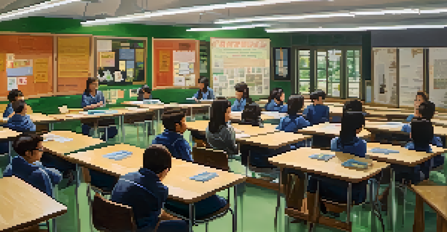 A classroom in a dojo with students discussing sustainability, surrounded by educational posters on eco-friendly practices.