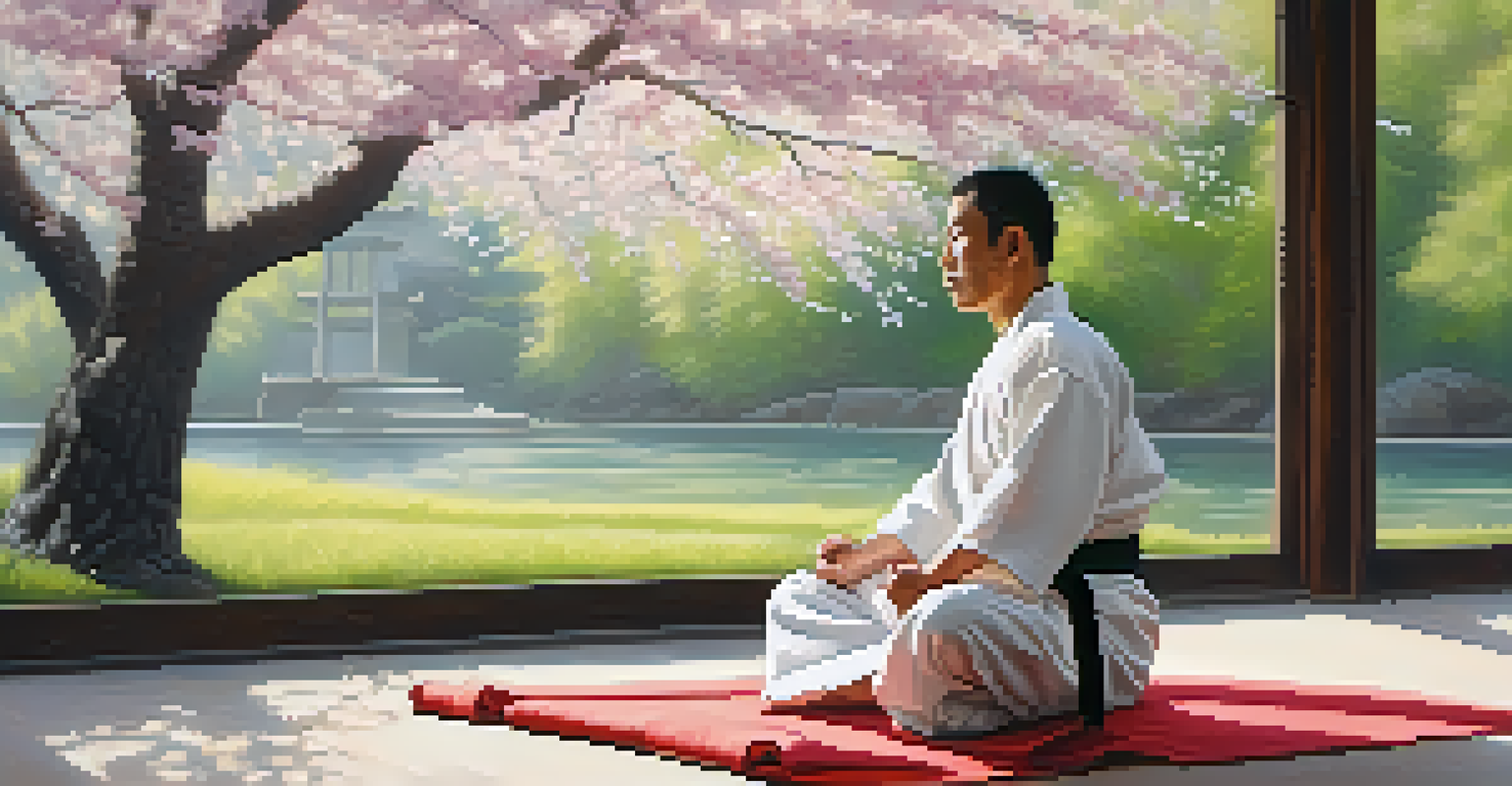 A martial artist practicing breathing techniques in a peaceful garden setting, seated on a tatami mat.