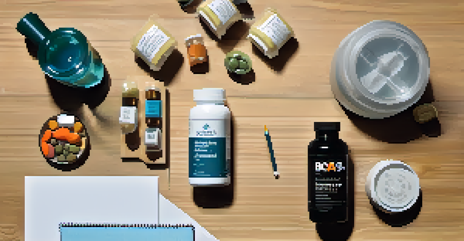An overhead view of various nutritional supplements and a water bottle on a wooden table, with a notepad featuring a training schedule.