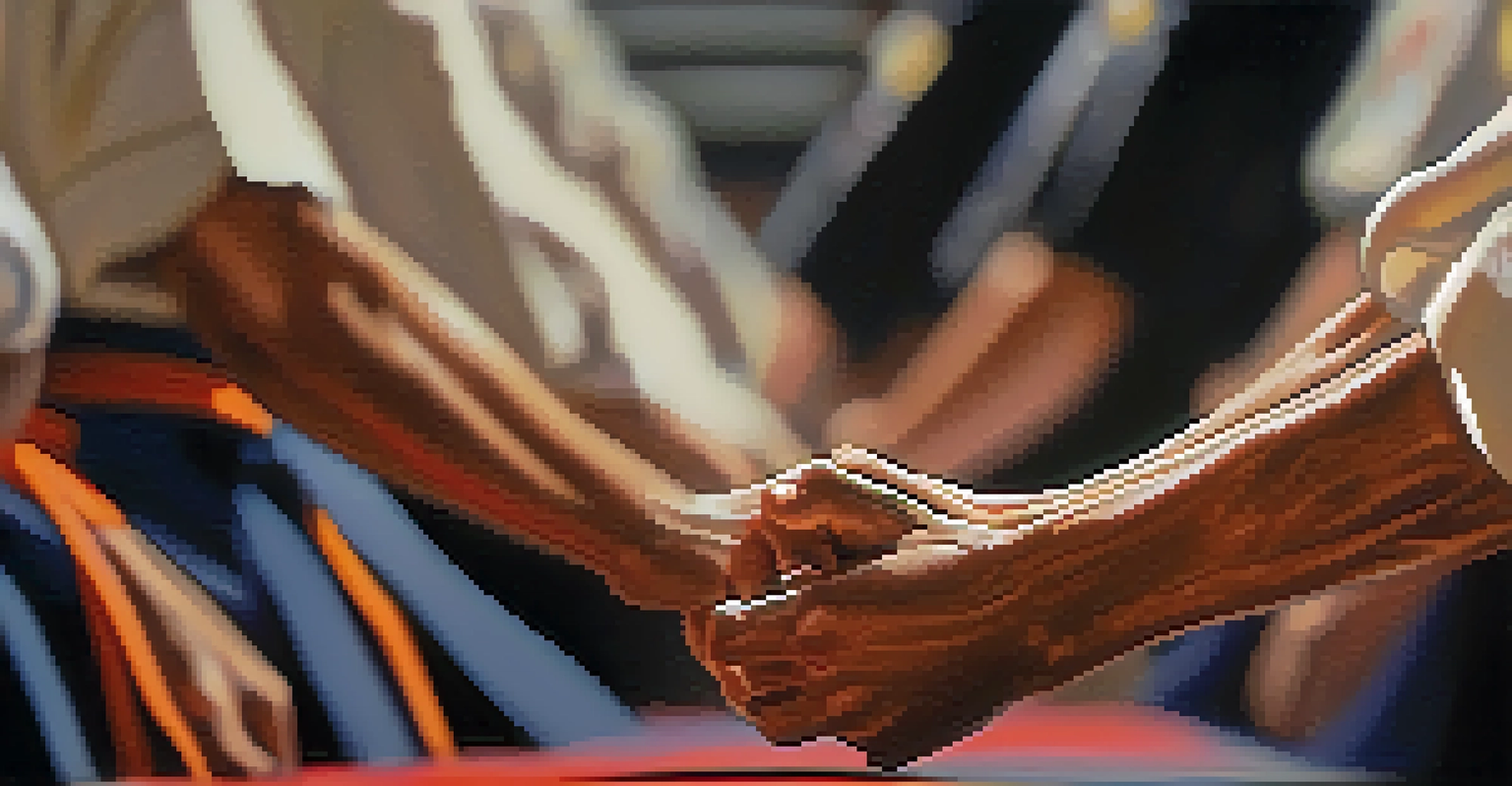 Close-up of a martial artist's hands gripping a training weapon, showing focus and determination in a dojo setting.