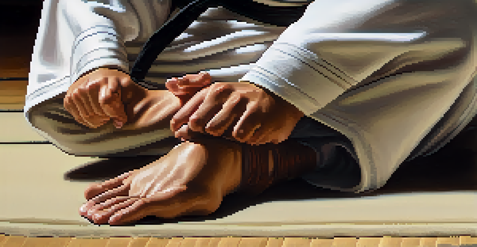 Close-up of a martial artist's hands in a meditative pose, illustrating mindfulness and breathing techniques.