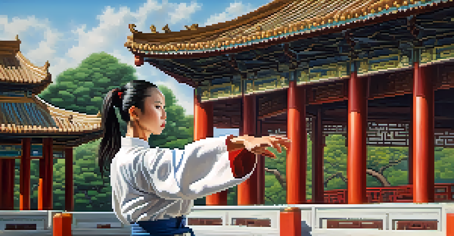 A young female Wing Chun practitioner performing a martial arts form in front of an ancient Chinese temple surrounded by greenery.