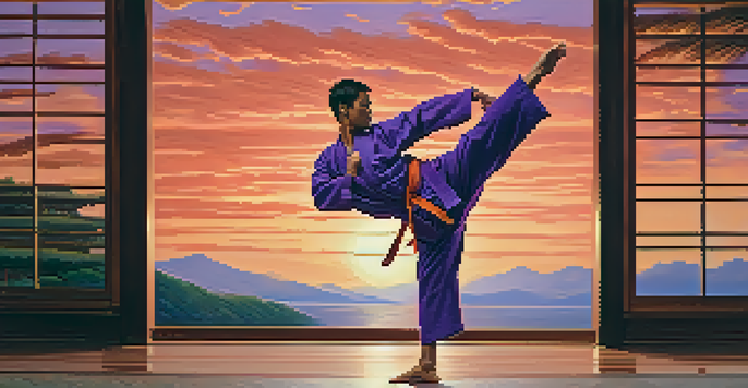 A martial artist performing a high kick against a colorful sunset, with flowing traditional attire and a serene wooden dojo below.