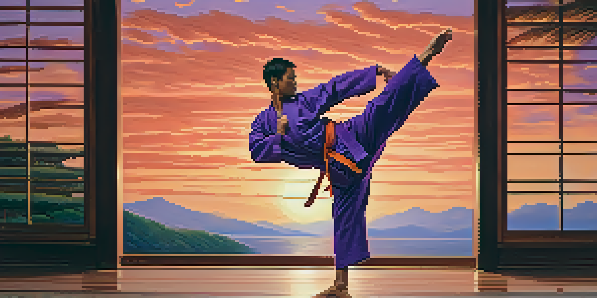 A martial artist performing a high kick against a colorful sunset, with flowing traditional attire and a serene wooden dojo below.