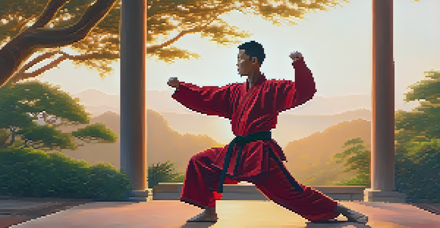 A martial artist practicing kata outdoors at sunset, surrounded by nature's lush greenery.