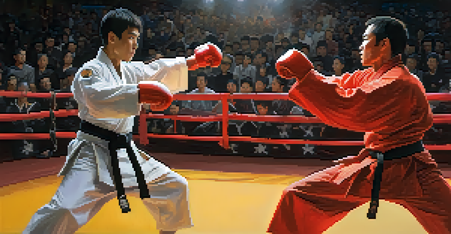 Two martial artists sparring in a competition arena, showcasing focus and athleticism.