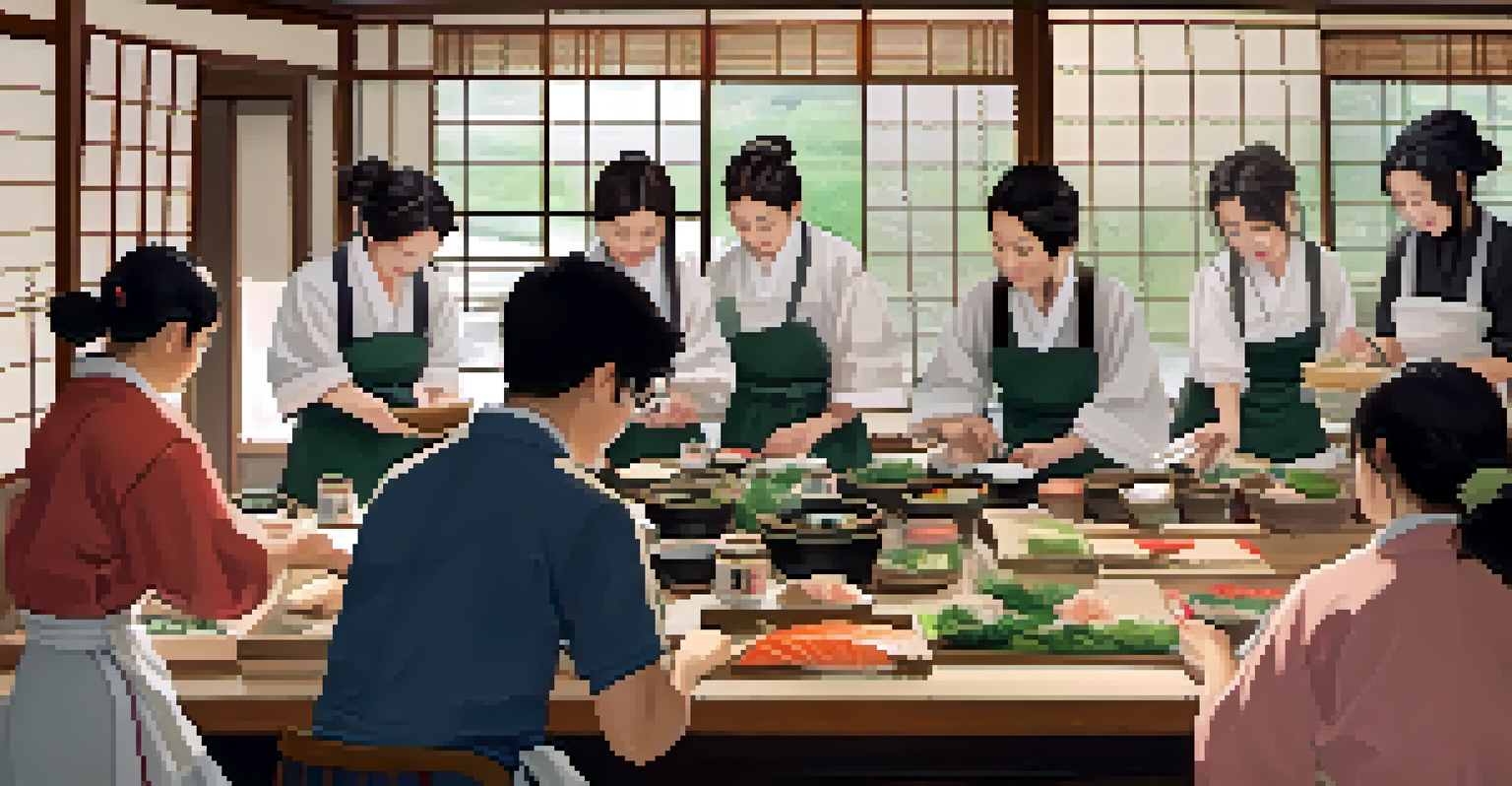 Participants learning to make sushi from a local chef in a cozy, traditional Japanese cooking class setting.