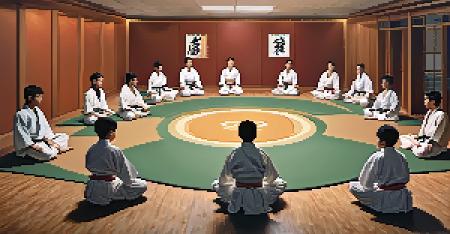 A diverse group of young martial artists in a circle discussing teamwork and respect, set in a welcoming dojo environment.
