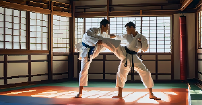 Two martial artists sparring in a dojo, one kicking while the other defends, with bright natural light and a wooden floor.