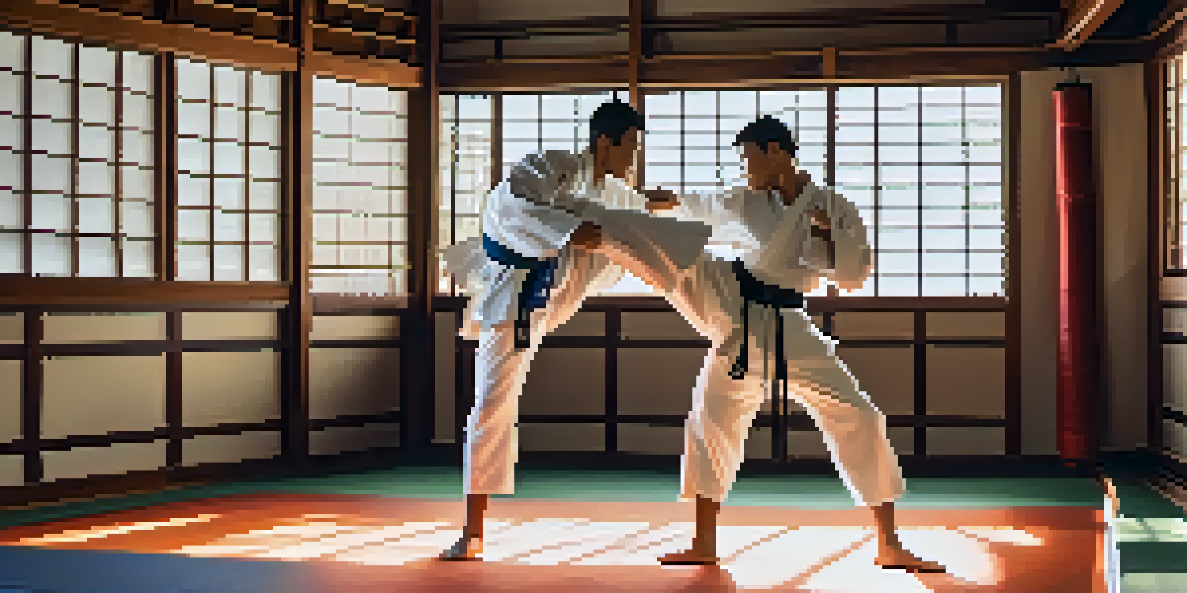 Two martial artists sparring in a dojo, one kicking while the other defends, with bright natural light and a wooden floor.