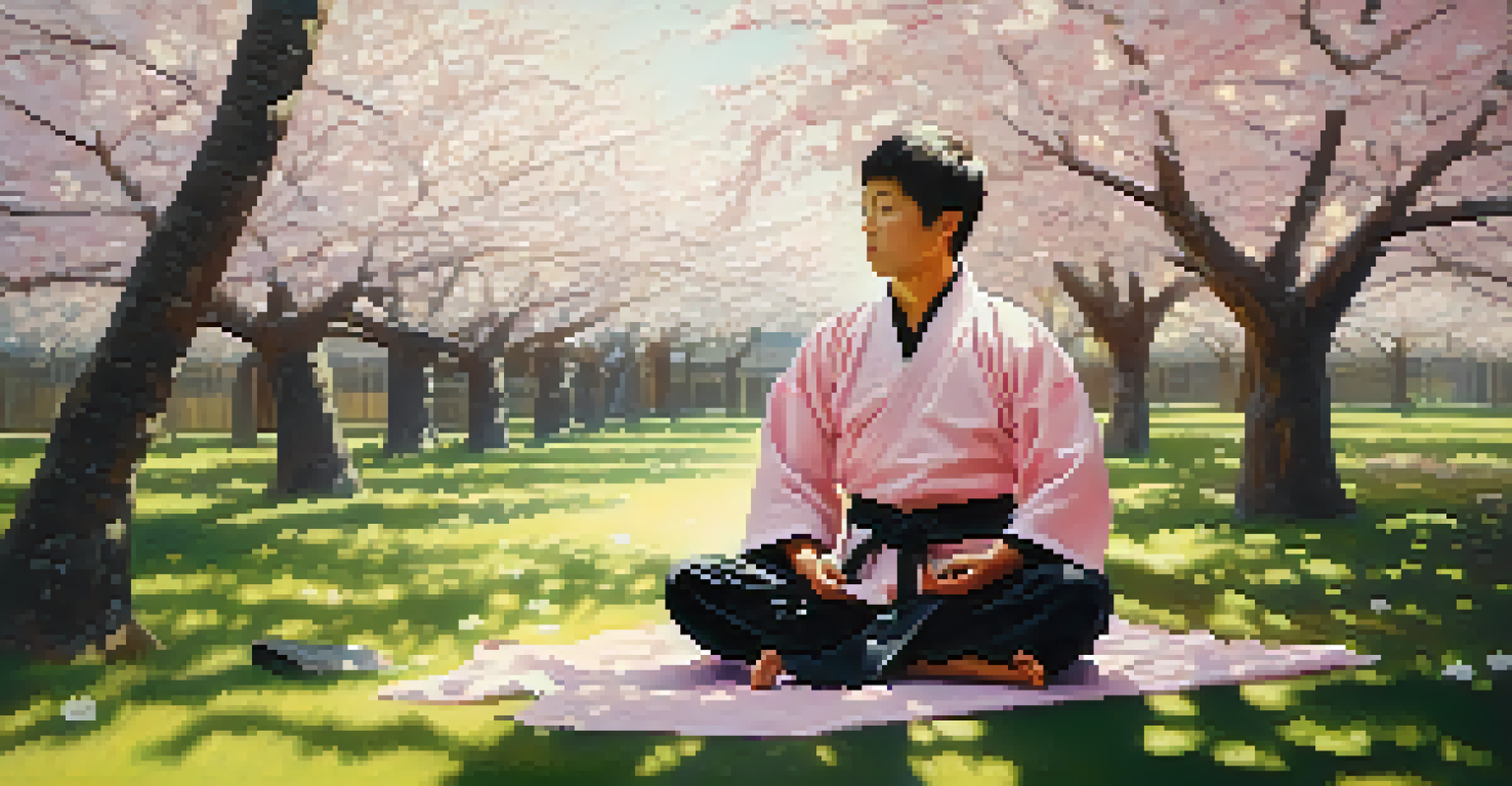 A martial artist meditating in a garden surrounded by cherry blossom trees, creating a peaceful scene.