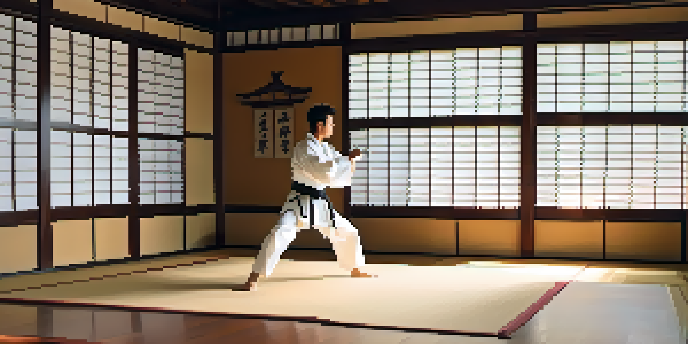A peaceful dojo with a martial artist in a white gi practicing a self-defense stance, natural light illuminating the space.