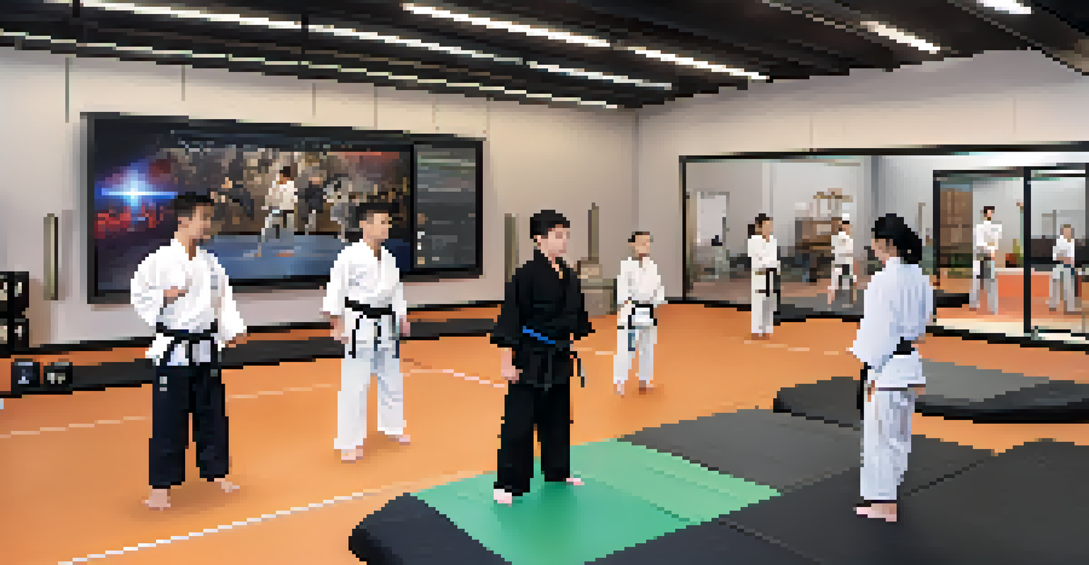 Modern martial arts studio with a large screen showing an online class, students practicing in pairs and engaging with technology.