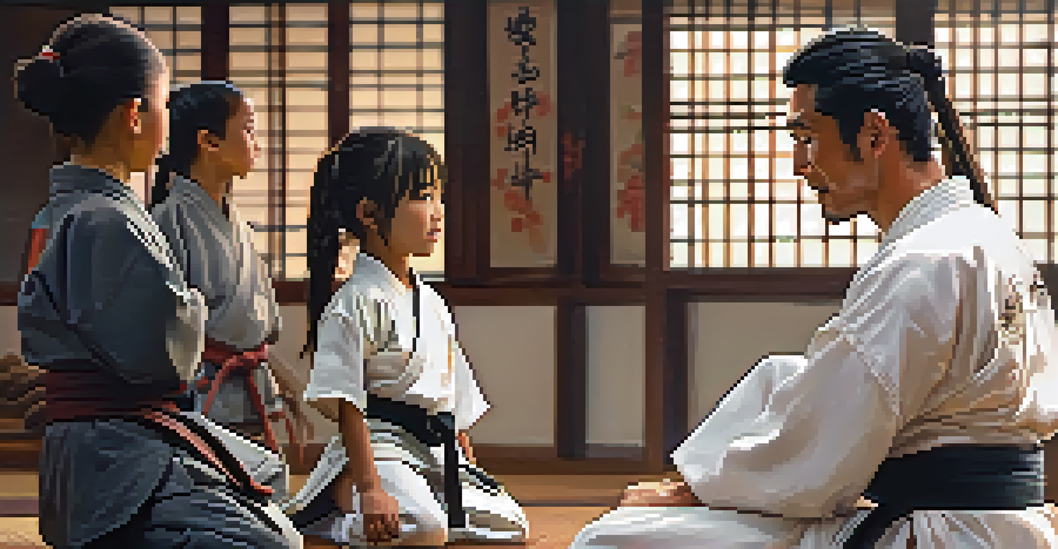 A martial arts instructor kneeling beside a young girl, both engaged in a supportive conversation in a dojo.