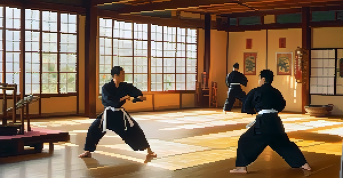 A serene dojo with two martial artists practicing together, sunlight illuminating the wooden floor and decorated with traditional memorabilia.