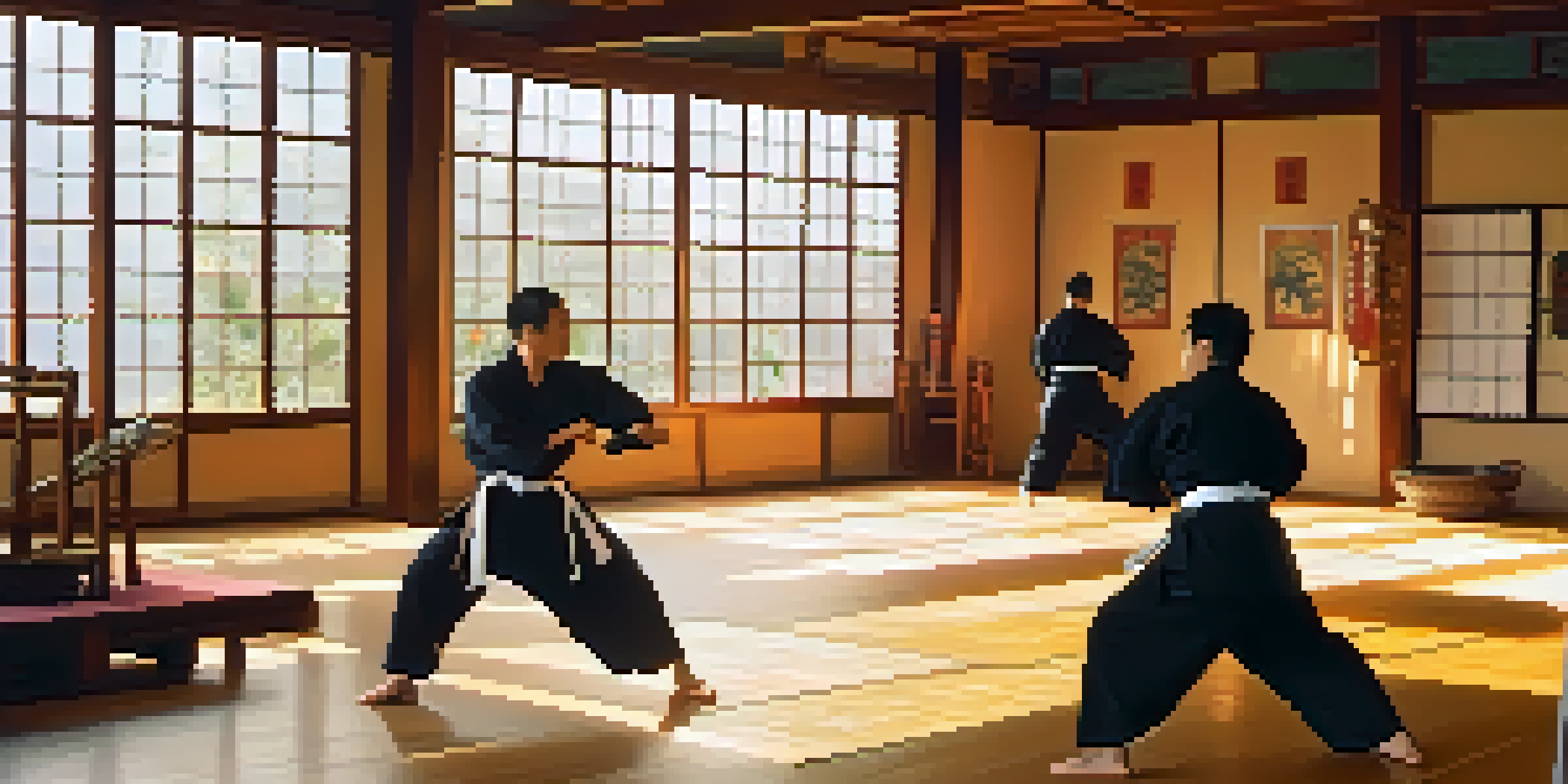 A serene dojo with two martial artists practicing together, sunlight illuminating the wooden floor and decorated with traditional memorabilia.