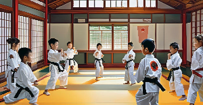 A group of young martial arts students practicing self-defense techniques in a bright dojo with colorful uniforms.