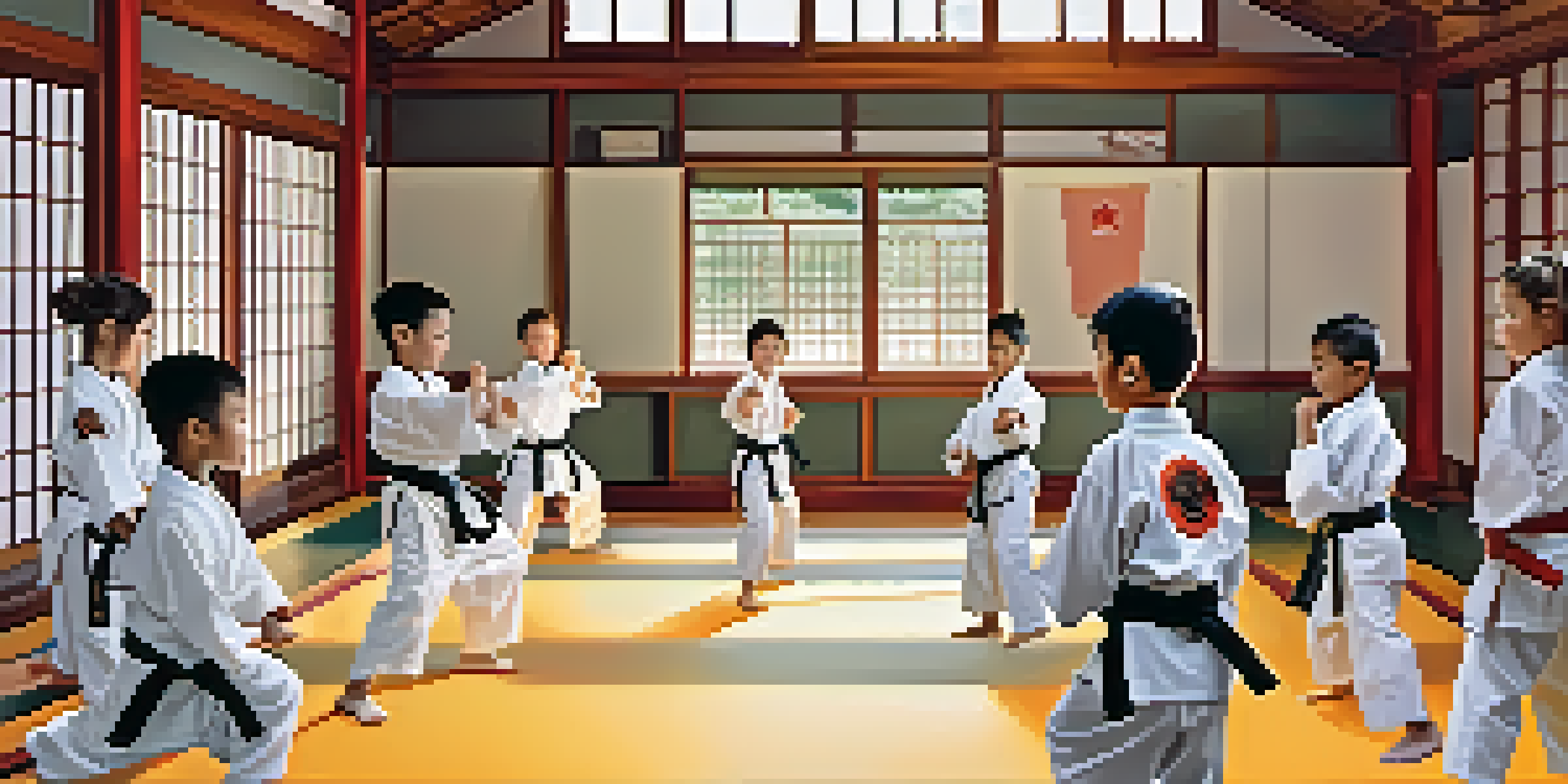 A group of young martial arts students practicing self-defense techniques in a bright dojo with colorful uniforms.