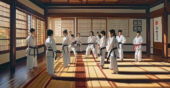 A diverse group of teens practicing karate in a sunlit dojo, emphasizing focus and determination.