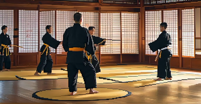 A dojo filled with martial arts students practicing kata during sunset, with warm light and traditional decor.