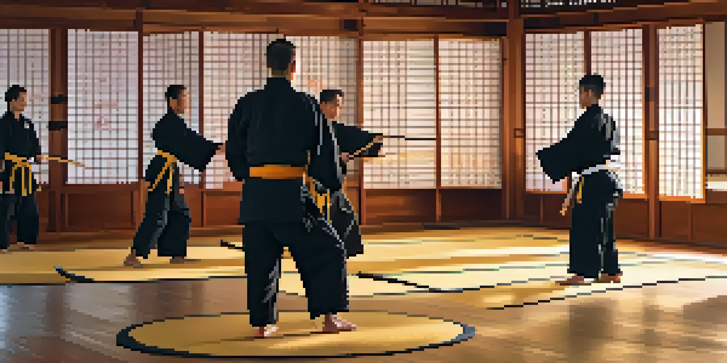 A dojo filled with martial arts students practicing kata during sunset, with warm light and traditional decor.