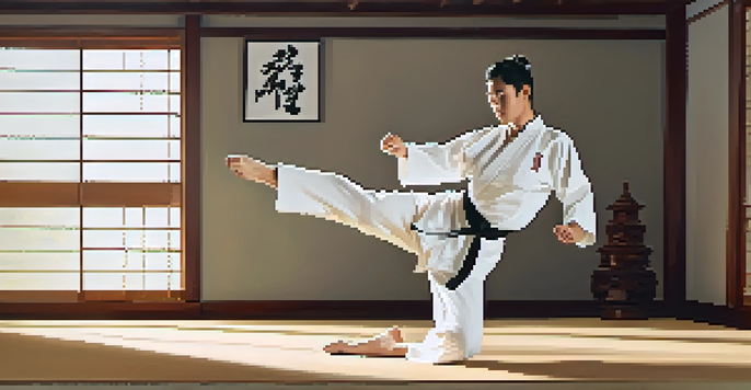 A martial artist performing a high kick in a sunlit dojo, wearing a white gi, with wooden floors and traditional decor.