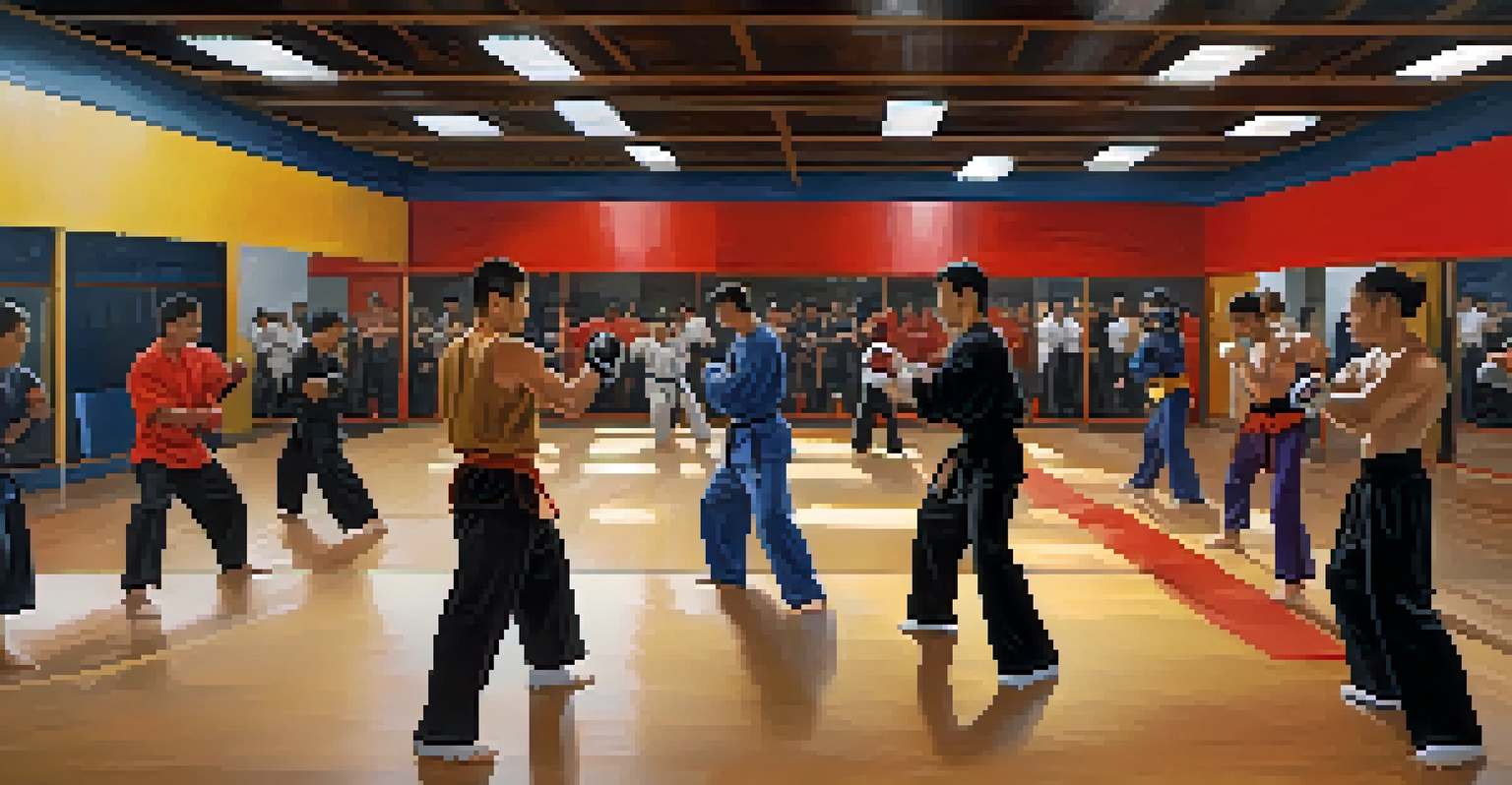 A modern martial arts gym with students sparring and practicing various techniques in an energetic environment.