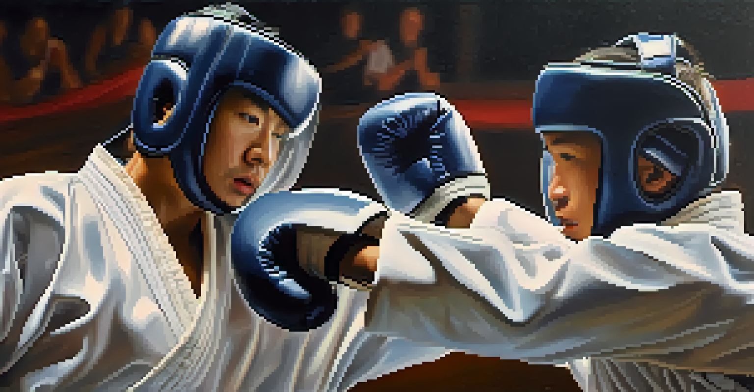 Two martial artists sparring with expressions of concentration and respect, showing controlled movements on a mat.