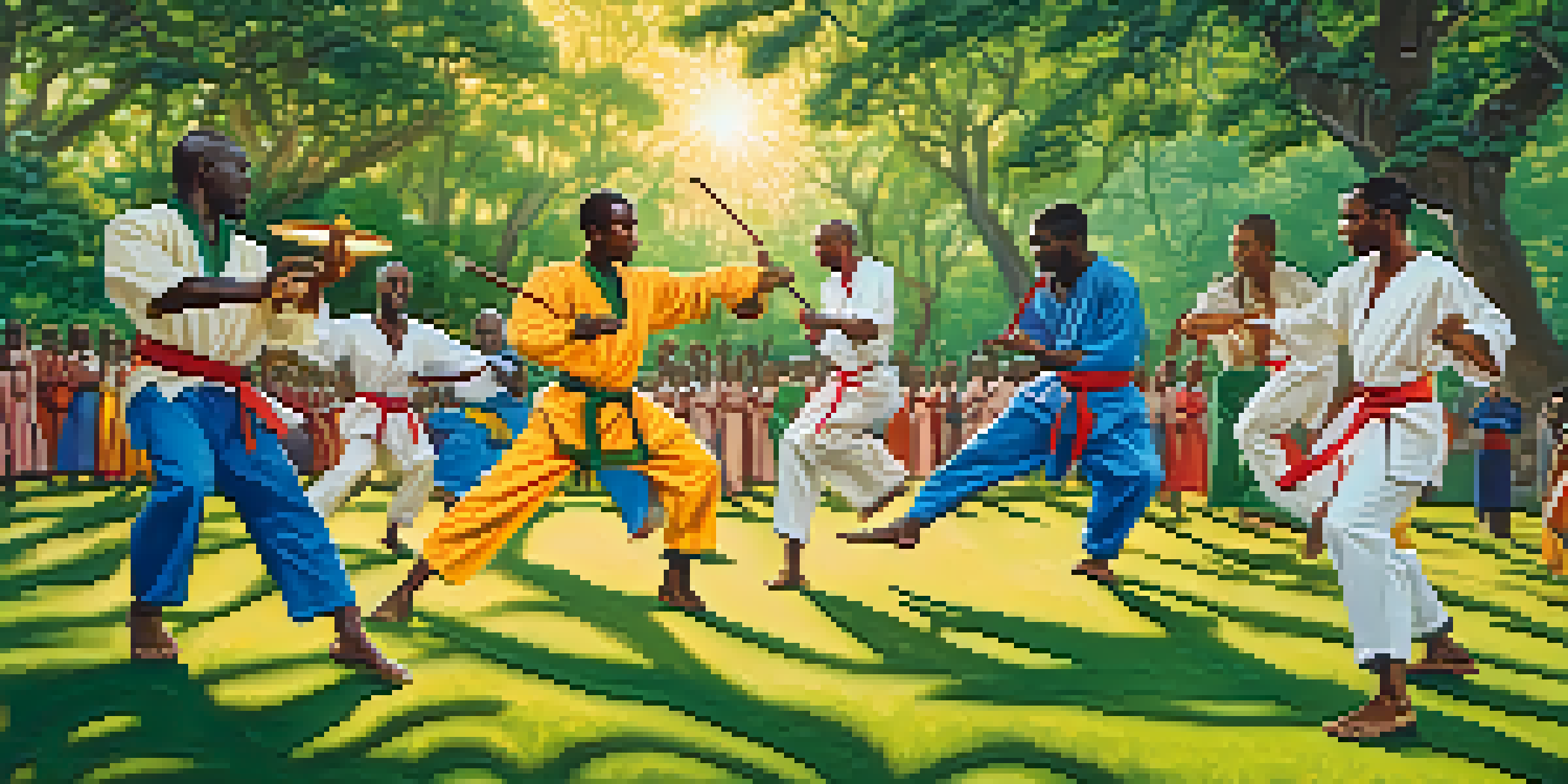 A group of traditional African martial artists practicing Capoeira in a green park, showcasing acrobatic movements with colorful clothing and musical instruments nearby.