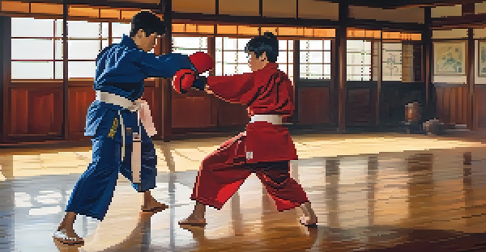 Two martial artists sparring in a dojo, showcasing movements and focus with warm lighting in the background.