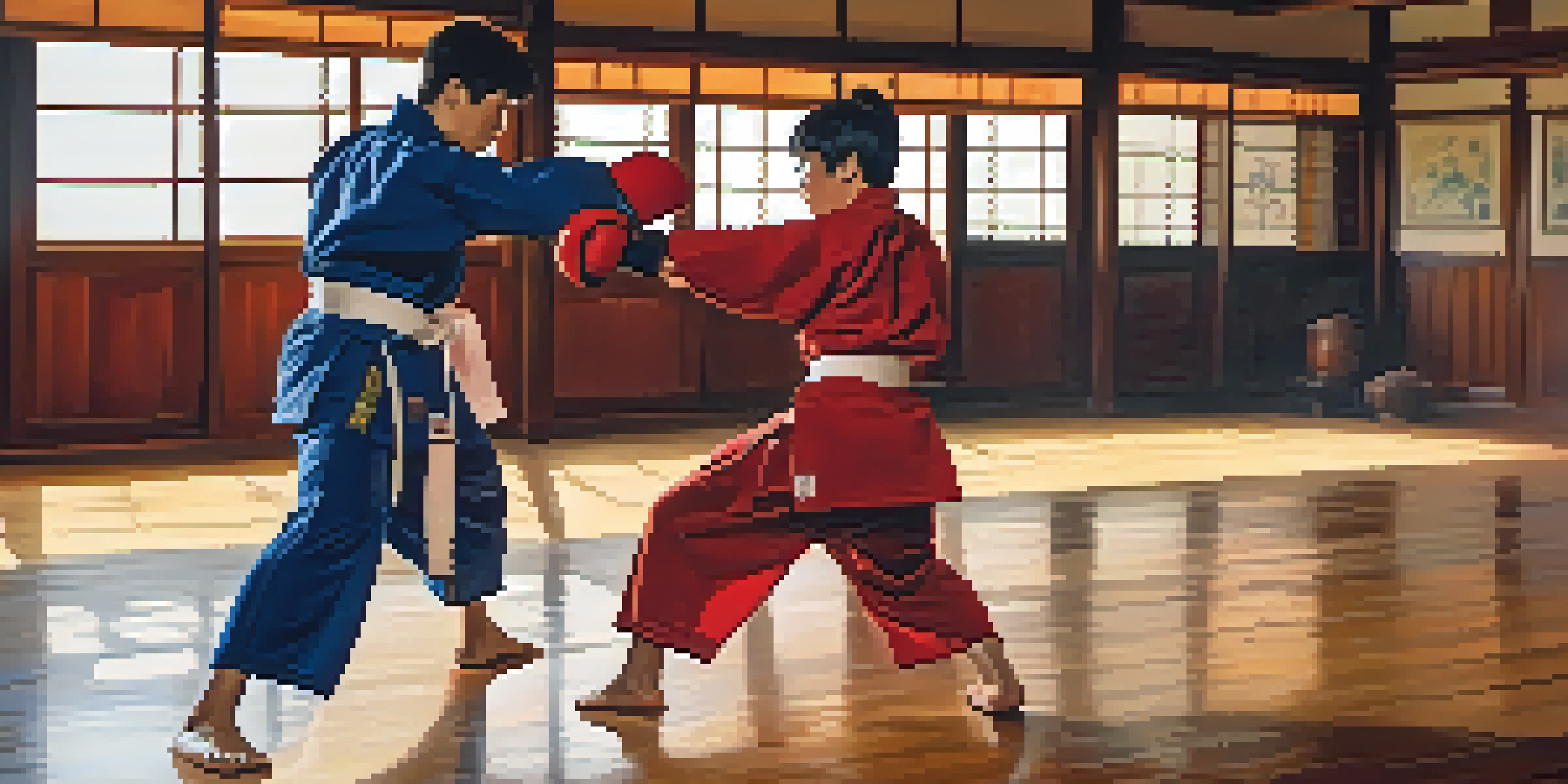Two martial artists sparring in a dojo, showcasing movements and focus with warm lighting in the background.