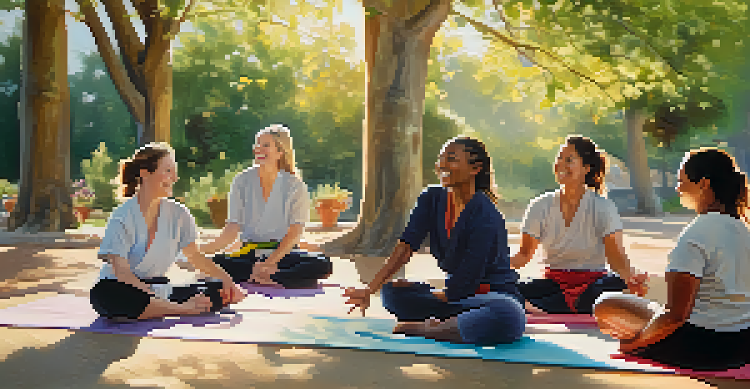 A group of women outside a dojo, smiling and interacting after a martial arts class, showcasing friendship and support.