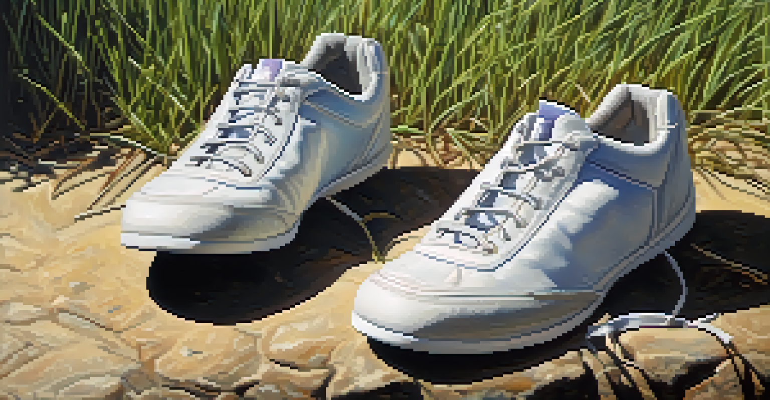 Close-up of martial arts shoes on a natural surface with sunlight filtering through trees.