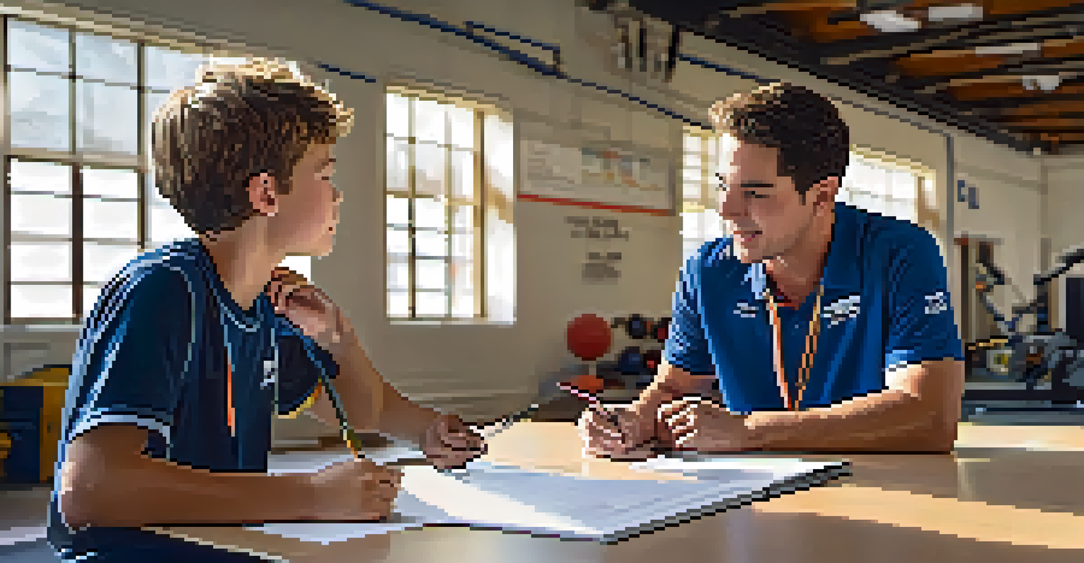 A mentor enthusiastically providing constructive feedback to a young athlete in a bright training environment, highlighting the importance of guidance.