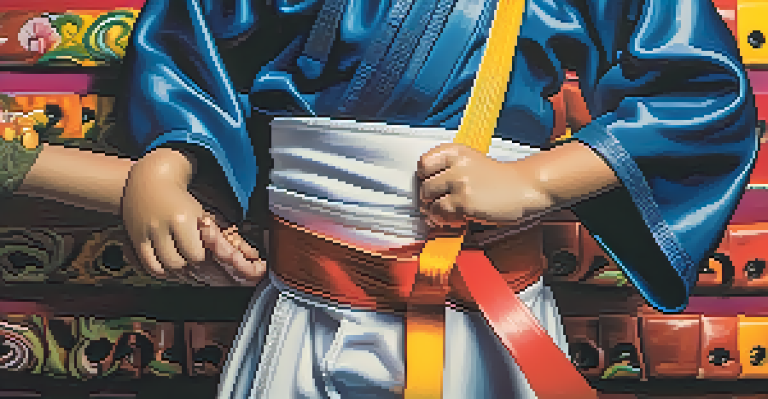 A child's hand tying a colored martial arts belt, symbolizing achievement in a dojo.