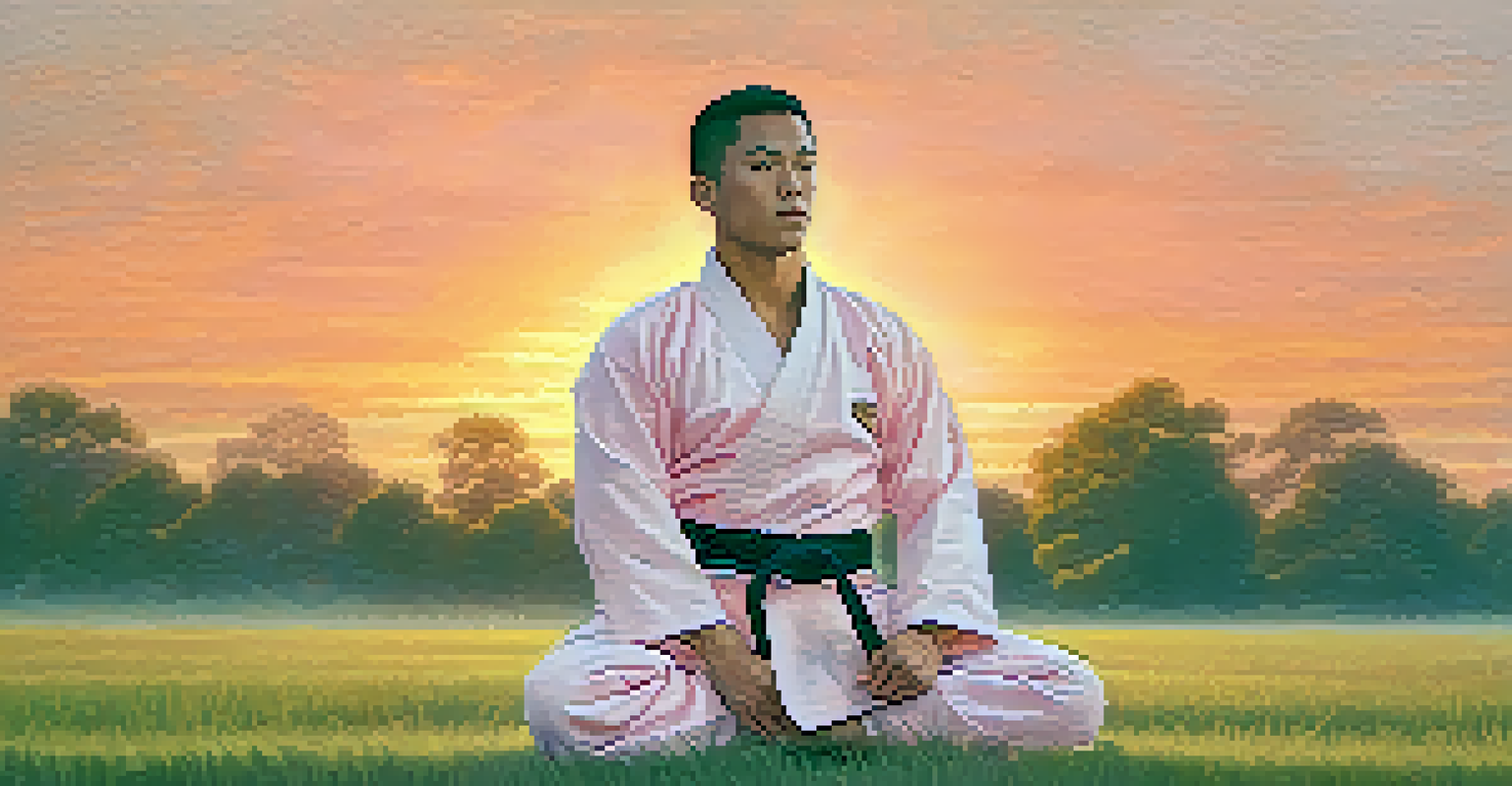 A martial artist meditating in a peaceful outdoor setting at sunrise, emphasizing tranquility and mindfulness.