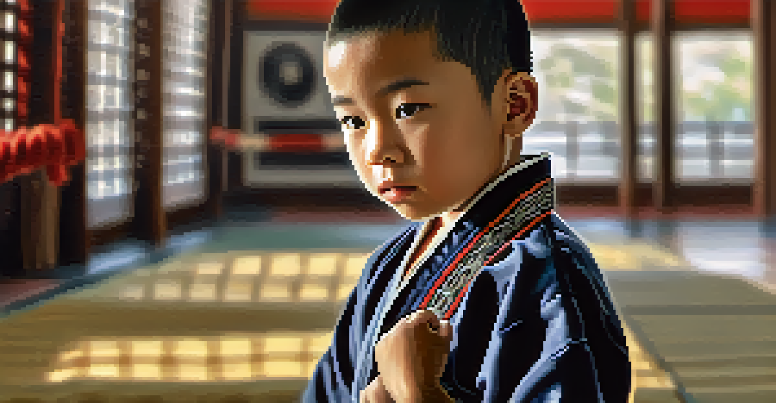 A young martial artist tying their belt with a look of concentration in a dojo setting.
