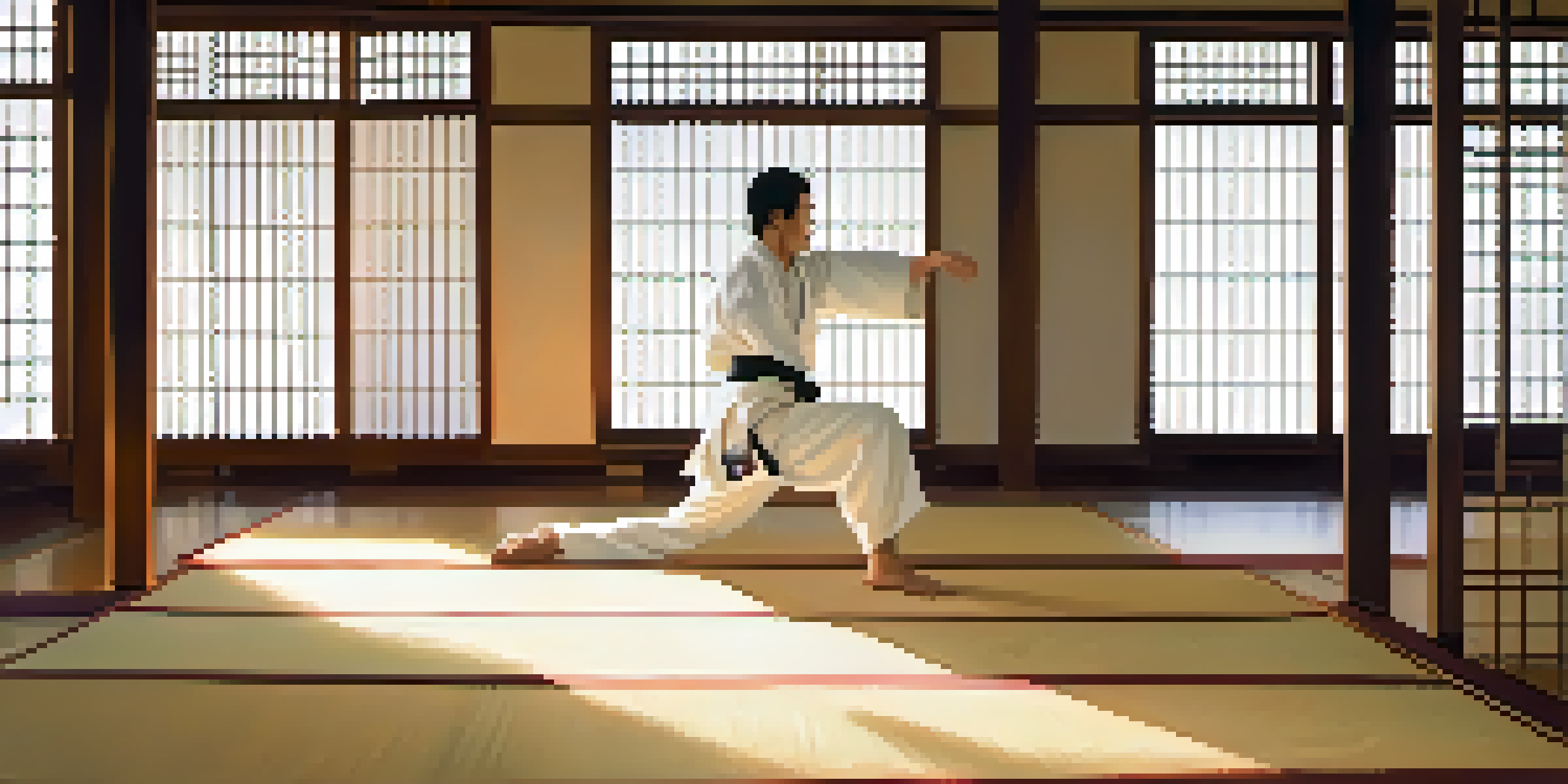 A martial artist in a white uniform practicing kata in a dojo illuminated by soft morning light.