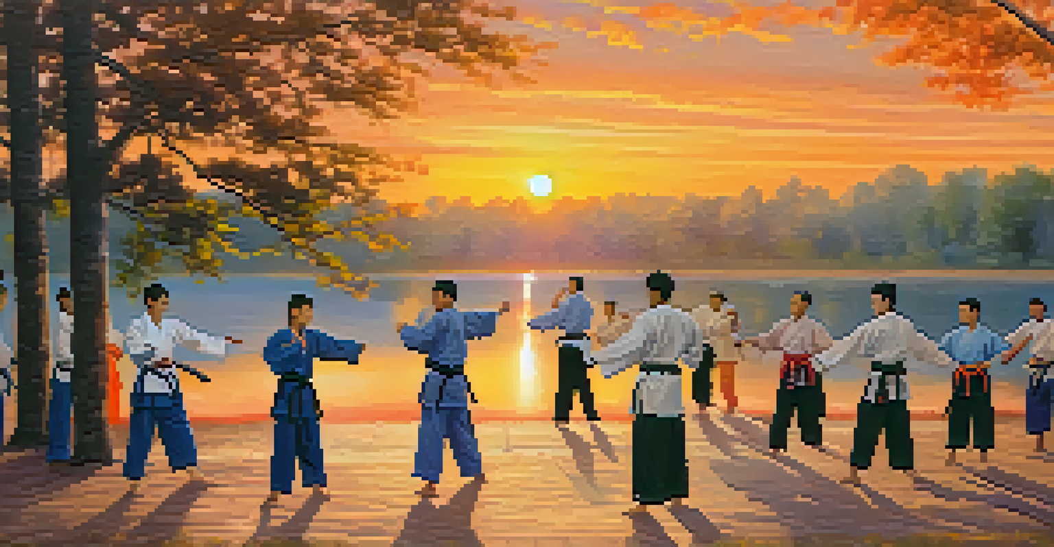 A group of martial artists training outdoors at sunrise, showcasing synchronized movements with a colorful backdrop.