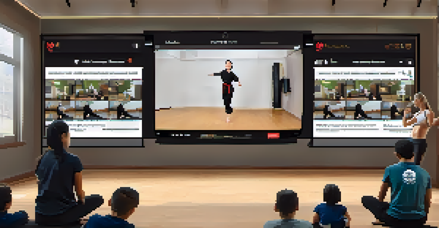 A martial arts instructor leading a live streaming class with students joining from different locations, surrounded by motivational quotes and training goals.