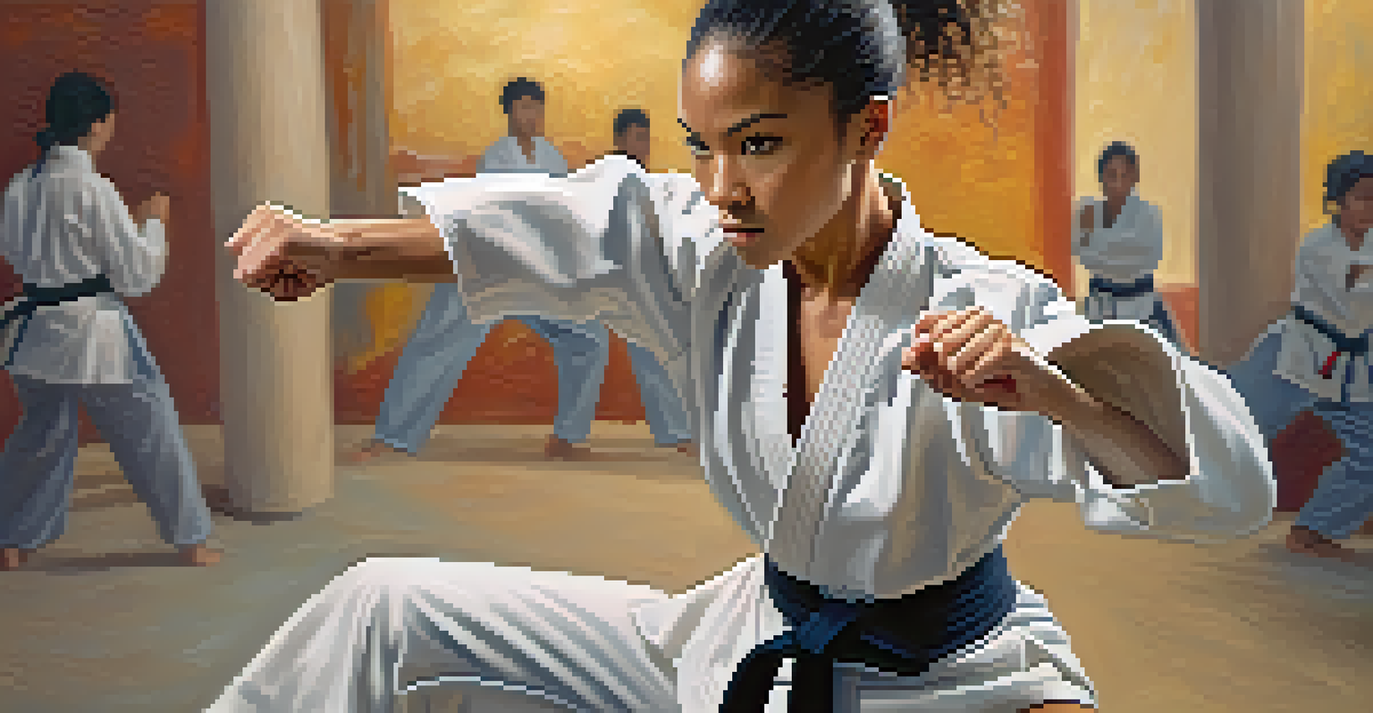 A close-up of a female martial artist of color demonstrating a self-defense move, showcasing determination and strength.
