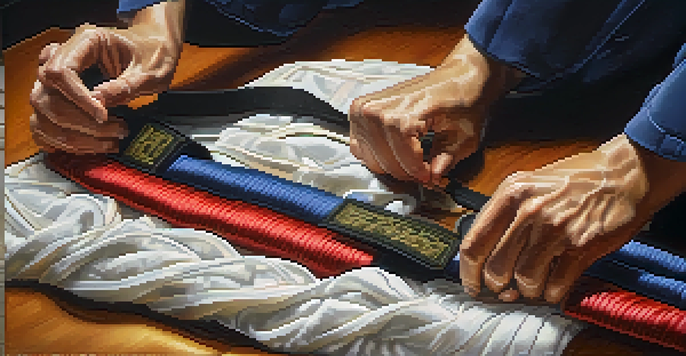 Close-up of hands tying a martial arts belt in a dojo.
